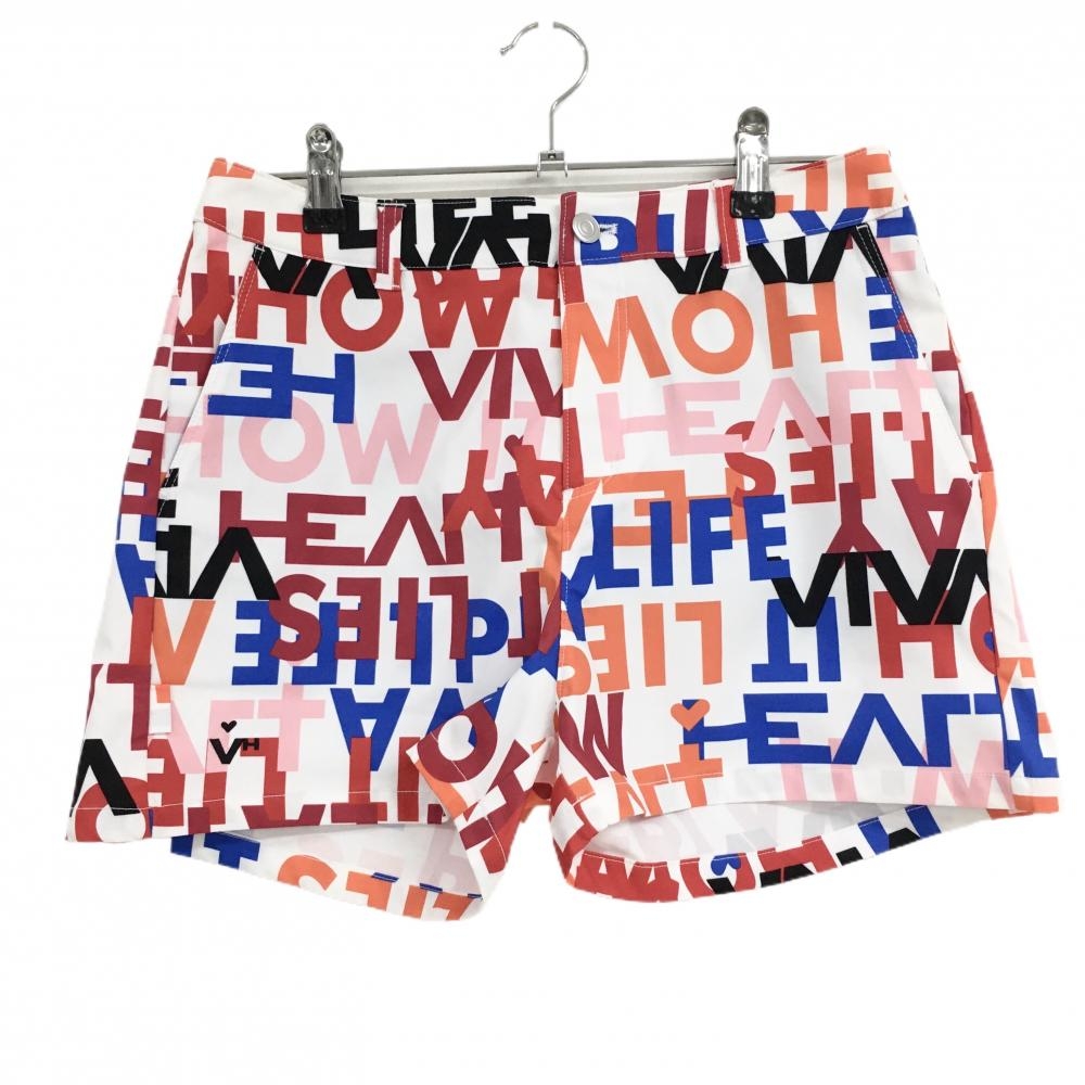 【新品】ビバハート ショートパンツ 白×マルチカラーー ロゴ英字総柄 レディース 40(M) ゴルフウェア VIVA HEART