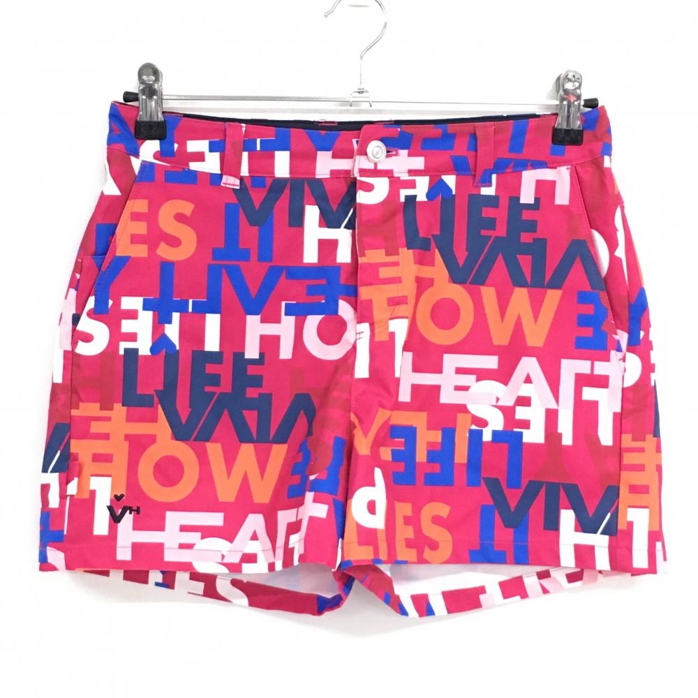 【超美品】ビバハート ショートパンツ レッドピンク×マルチカラー ロゴ総柄 レディース 40(M) ゴルフウェア VIVA HEART