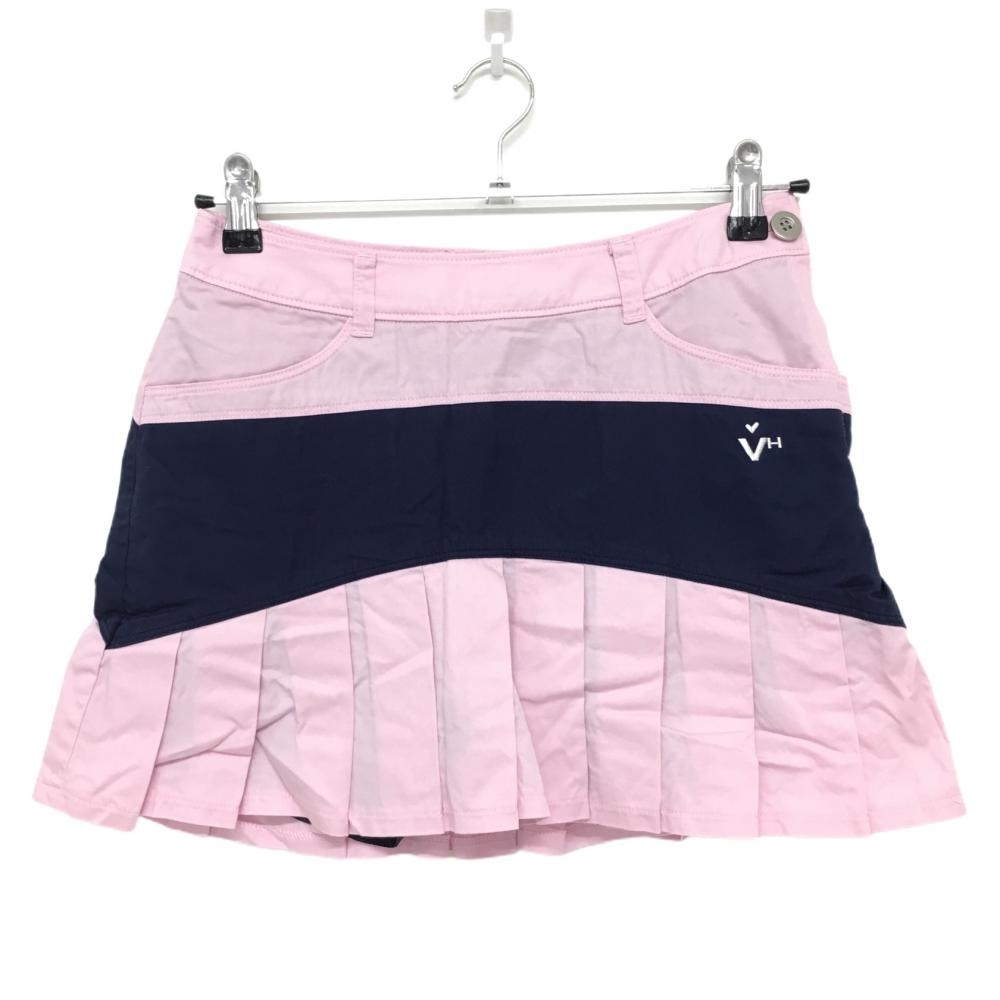 【超美品】ビバハート スカート ピンク×ネイビー 裾プリーツ 内側インナーパンツ レディース 38 ゴルフウェア VIVA HEART