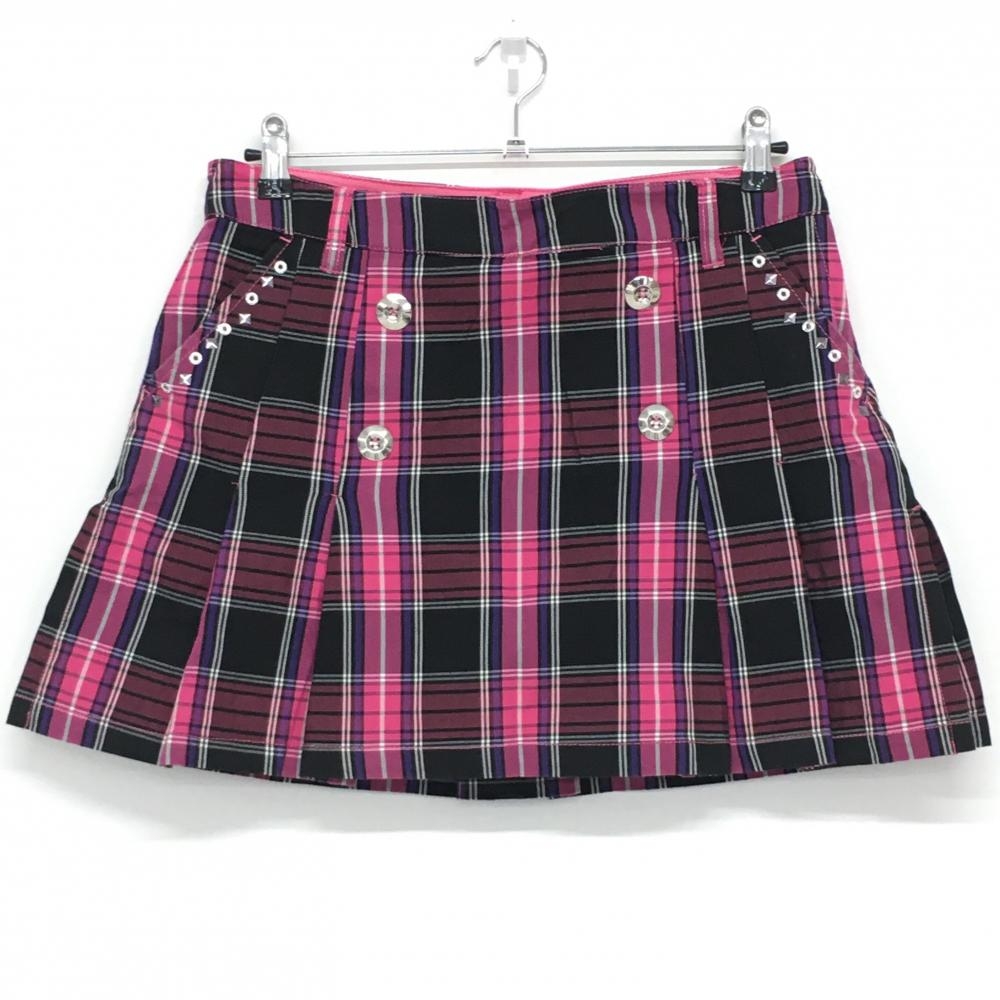 【超美品】ビバハート スカート 黒×ピンク チェック ボックスプリーツ レディース 42(L) ゴルフウェア VIVA HEART