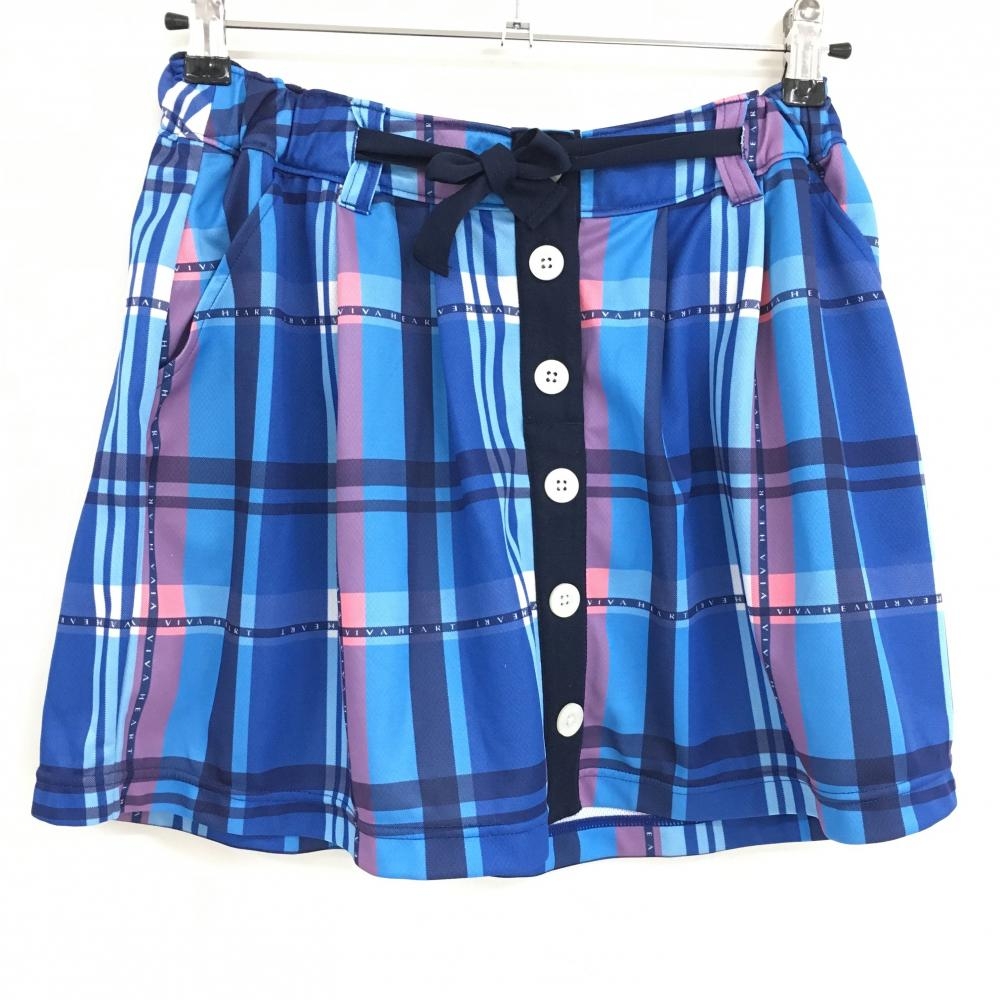 【超美品】ビバハート スカート ブルー×ピンク チェック ウエストゴム＆調節紐 レディース 38(S) ゴルフウェア VIVA HEART