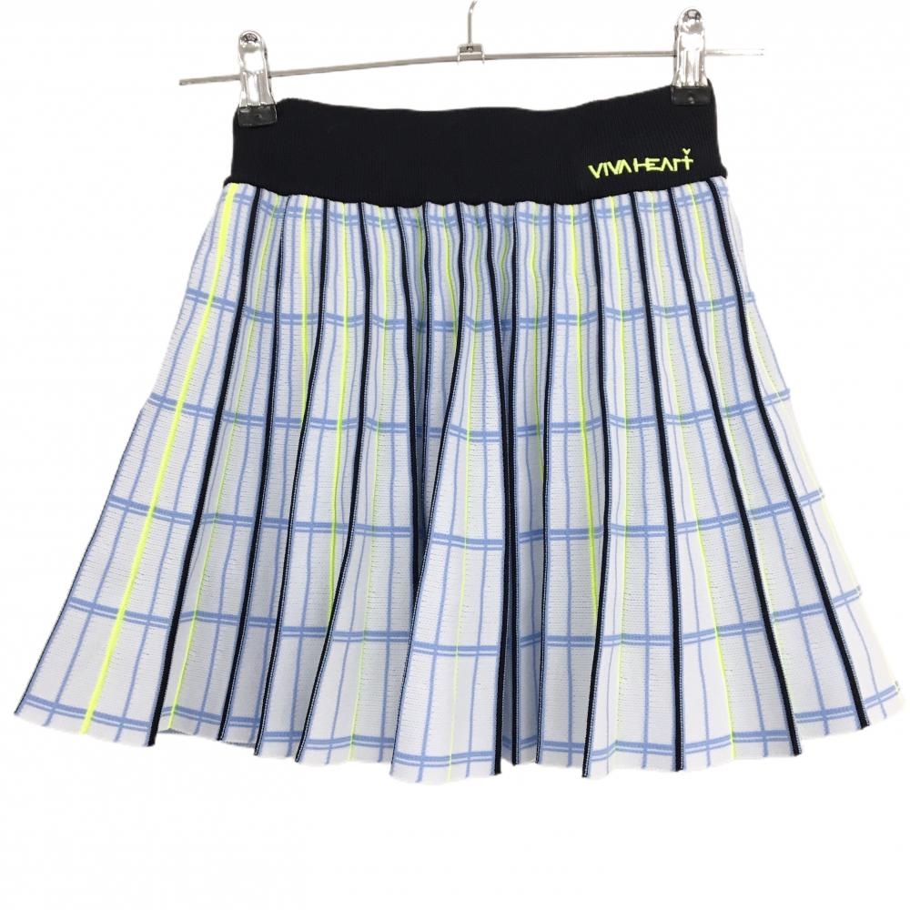 ビバハート ニットプリーツスカート 白×ライトブルー×蛍光イエロー チェック ウエストゴム レディース 38 ゴルフウェア VIVA HEART
