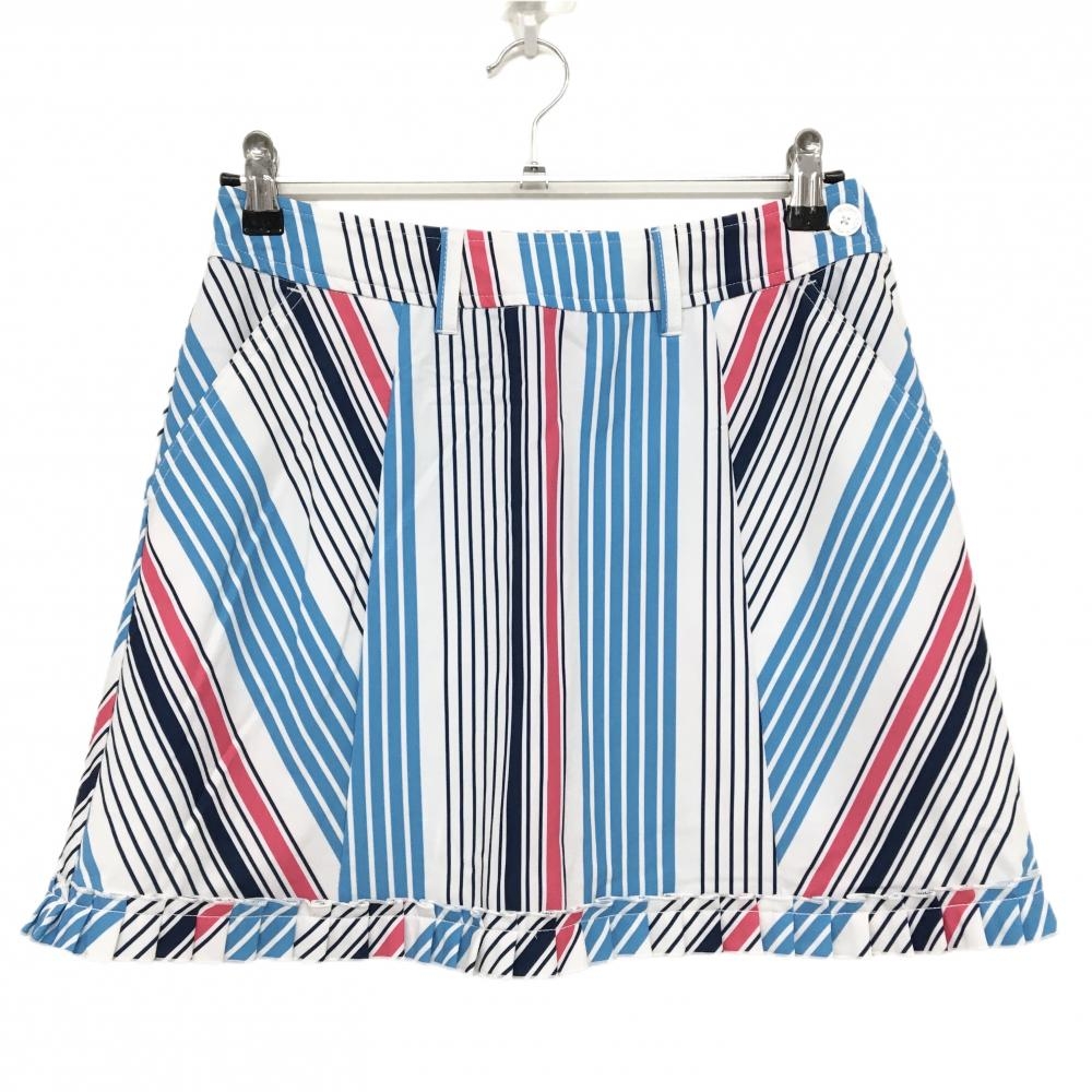 【超美品】ビバハート スカート 白×ブルー ストライプ ストレッチ 内側インナーパンツ レディース 40(M) ゴルフウェア VIVA HEART