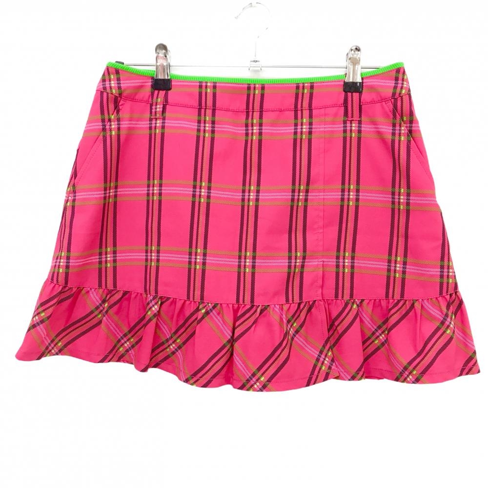 【超美品】ビバハート スカート ピンク×ライトグリーン チェック柄 裾フリル  レディース 40(M) ゴルフウェア VIVA HEART