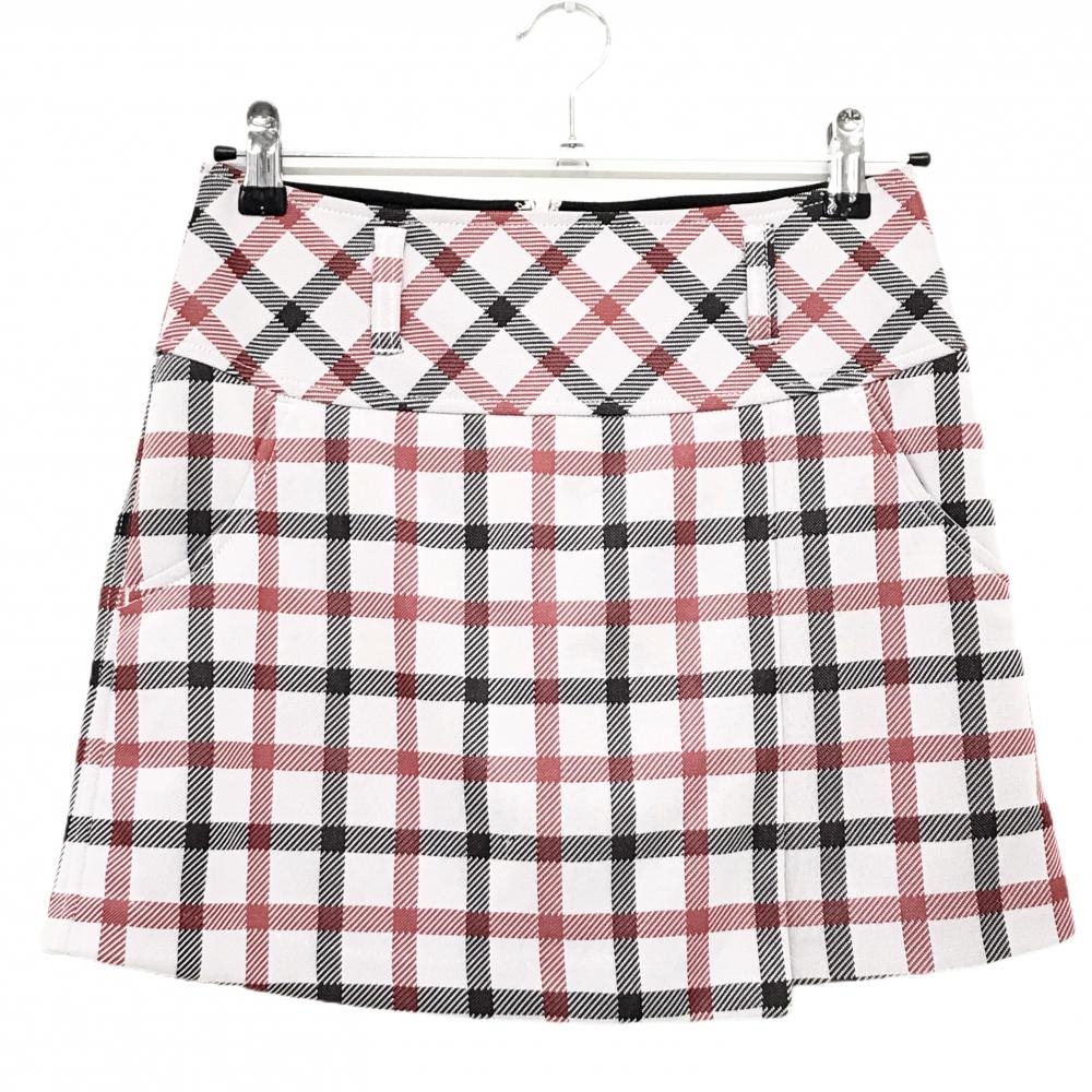 【美品】ビバハート スカート 白×レッド×黒 チェック 裾巻きスカート  レディース 38(S) ゴルフウェア VIVA HEART