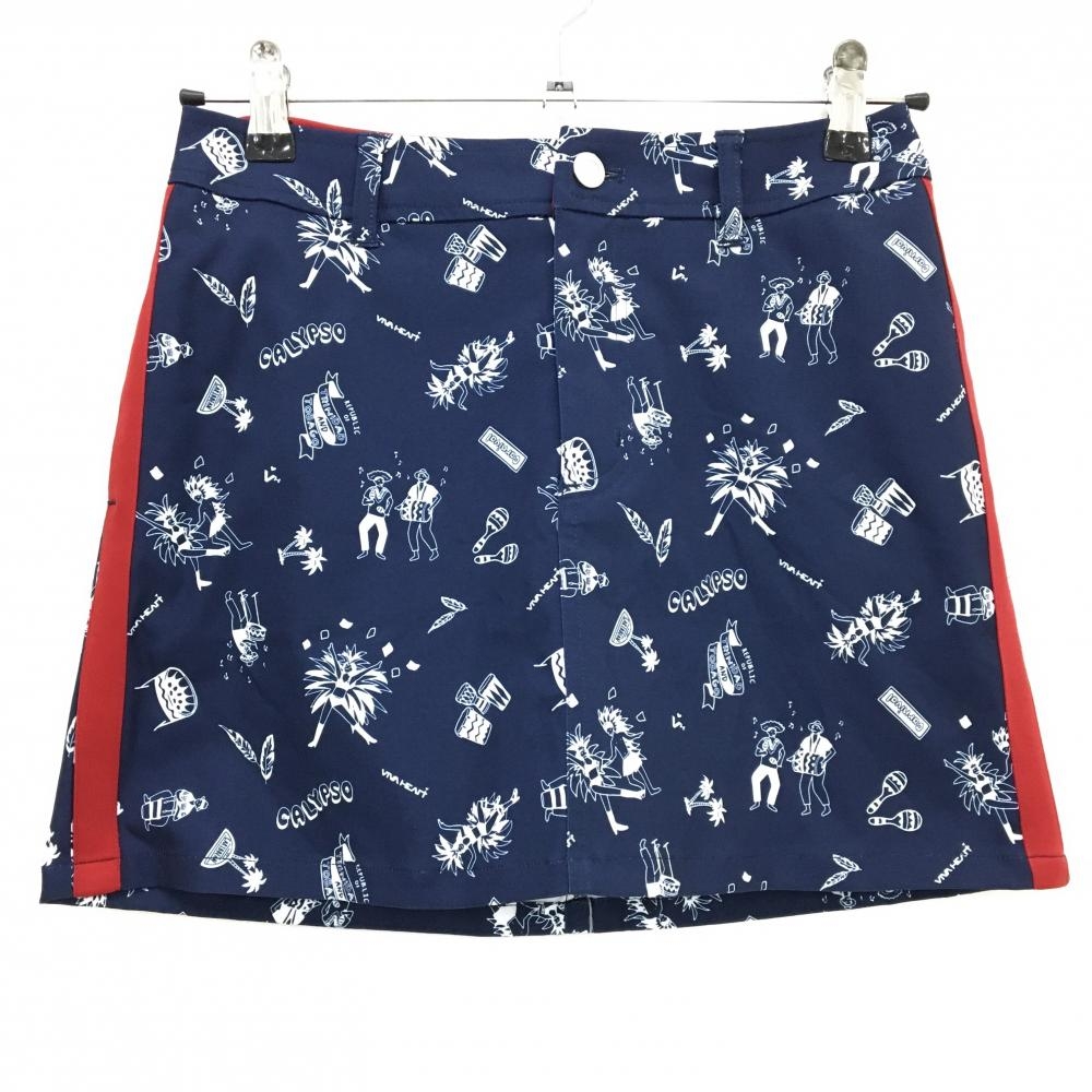 【超美品】ビバハート スカート ネイビー×白 総柄 サンバ マラカス 内側インナーパンツ レディース 38(S) ゴルフウェア VIVA HEART