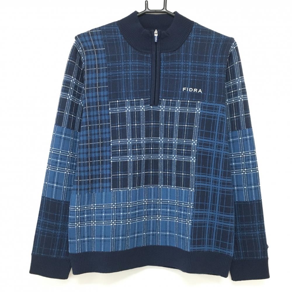 【美品】フィドラ ハイネックセーター ネイビー×ブルー チェック柄 ハーフジップ ニット 蓄熱裏地 レディース L/G ゴルフウェア FIDRA