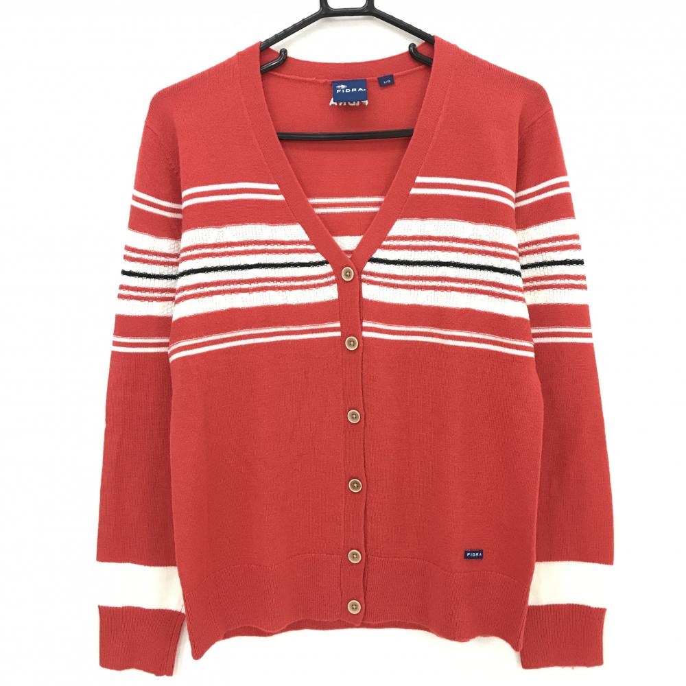 【超美品】フィドラ カーディガン レッド×白 胸ボーダー ウール混 レディース L/G ゴルフウェア FIDRA