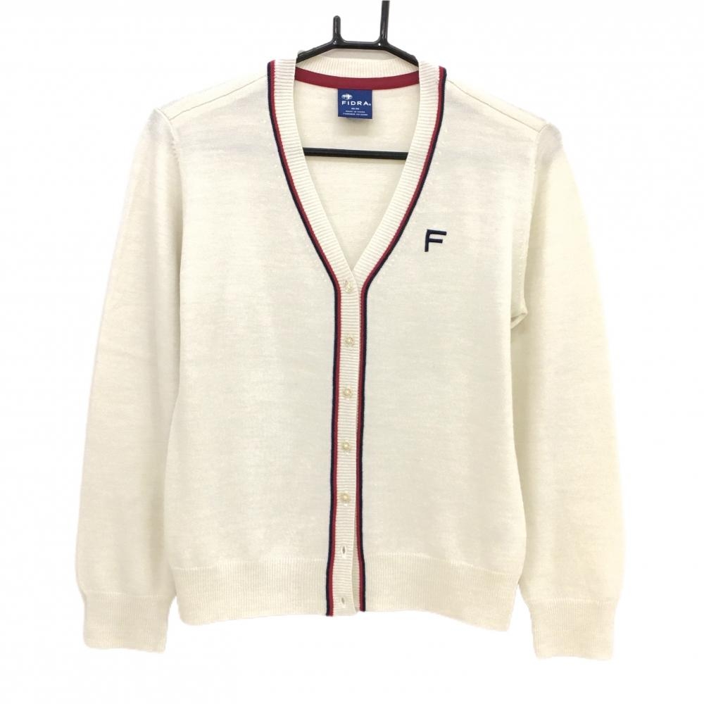 【超美品】フィドラ Vネックカーディガン 白×レッド×ネイビー ウール混 ロゴ刺しゅう レディース M/M ゴルフウェア FIDRA