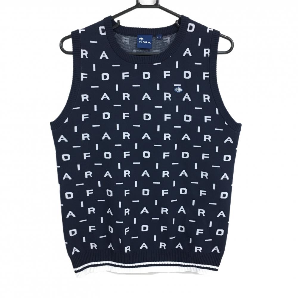 【超美品】フィドラ ニットベスト ネイビー×白 英字総柄 ロゴワッペン レディース XL/TG ゴルフウェア FIDRA