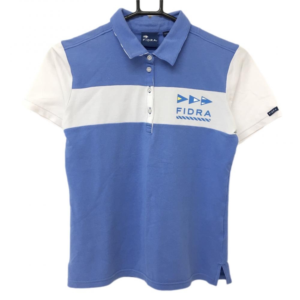 【美品】フィドラ 半袖ポロシャツ ライトブルー×白 襟裏ロゴ レディース M/M ゴルフウェア FIDRA