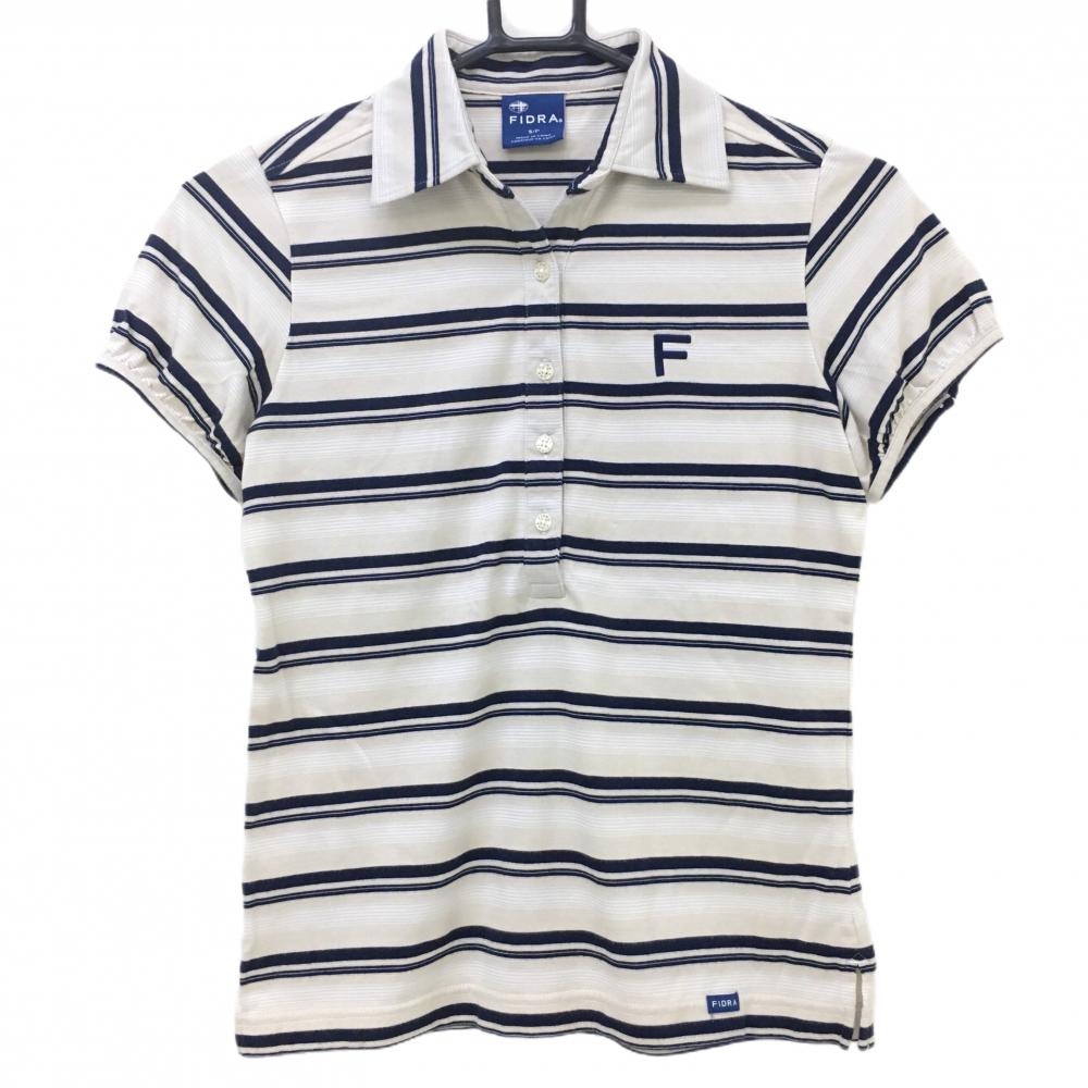 【美品】フィドラ 半袖ポロシャツ ライトベージュ×ネイビー ボーダー 袖口ボタン レディース S/P ゴルフウェア FIDRA