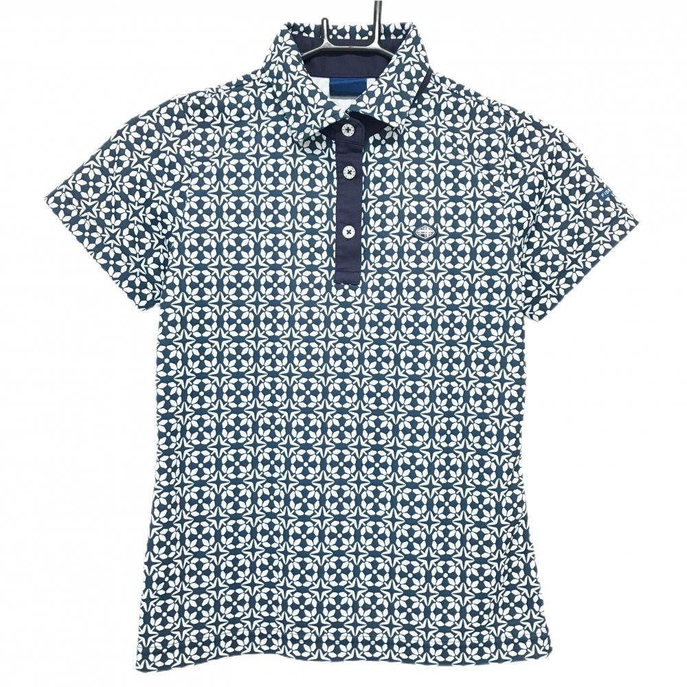 【超美品】フィドラ 半袖ポロシャツ ネイビー×白 総柄  レディース S/P ゴルフウェア FIDRA