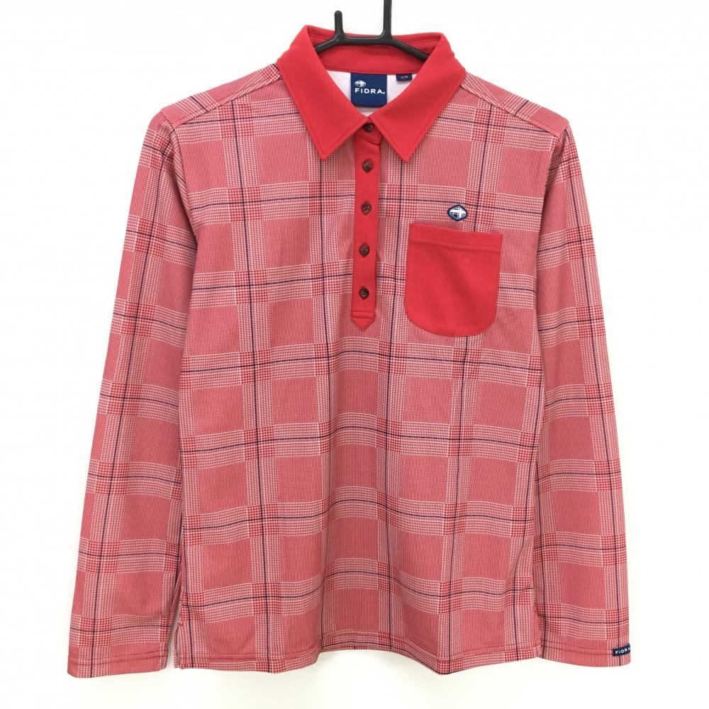 【超美品】フィドラ 長袖ポロシャツ レッド×白 グレンチェック 胸ポケット  レディース L/G ゴルフウェア FIDRA