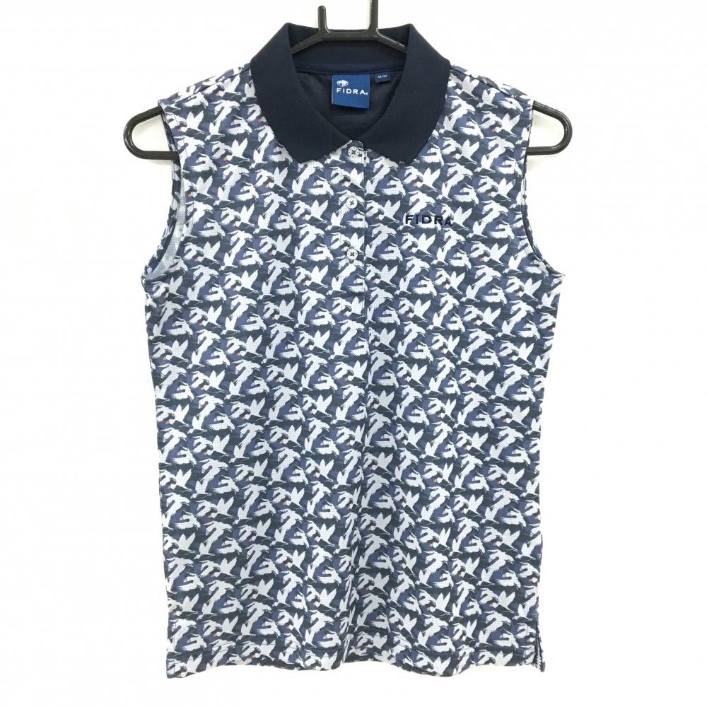 【超美品】フィドラ ノースリーブポロシャツ ネイビー×白 鳥総柄 メッシュ調 レディース M/M ゴルフウェア FIDRA