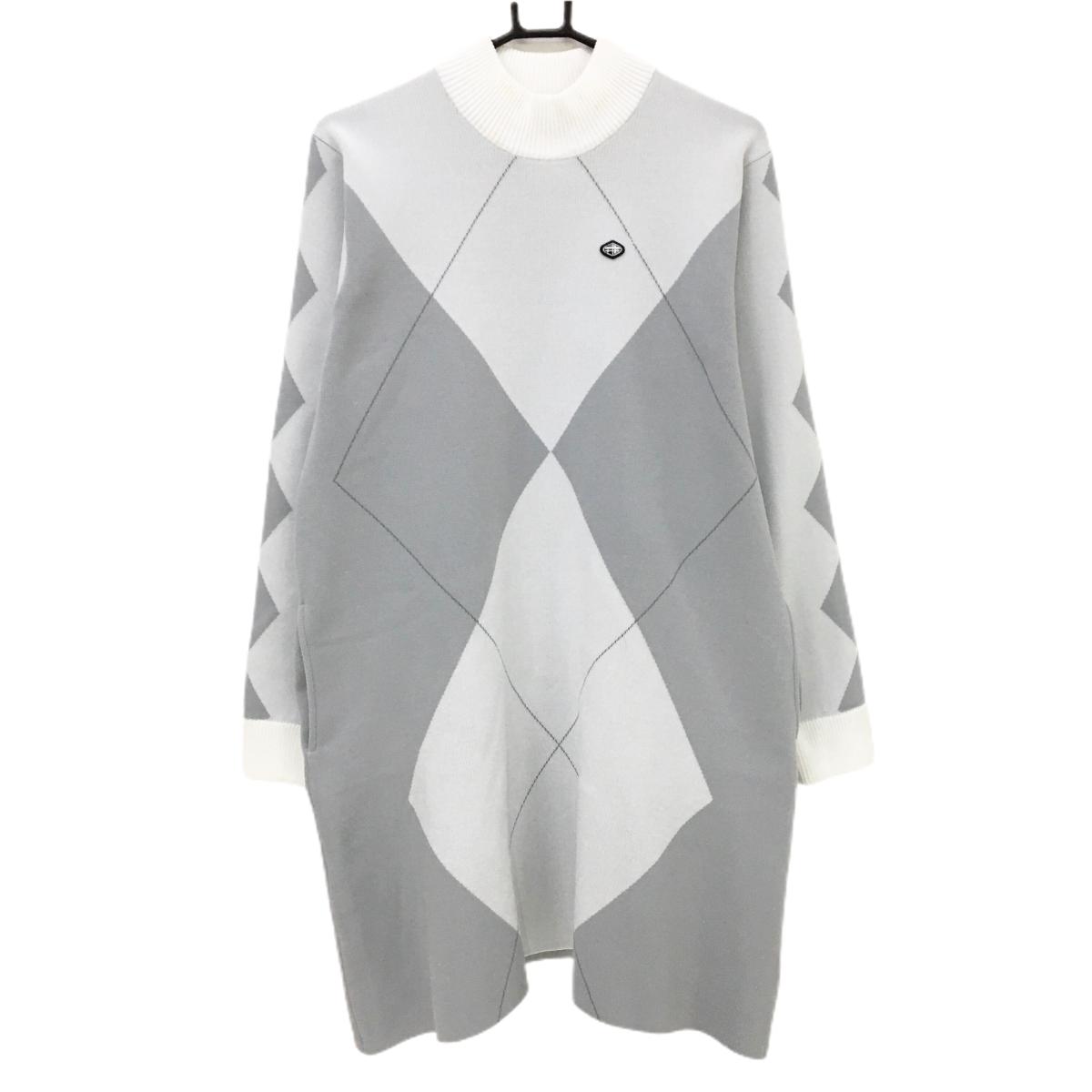 フィドラ ニットハイネックワンピース 白×ライトグレー ダイヤ柄調 レディース XL/TG ゴルフウェア FIDRA