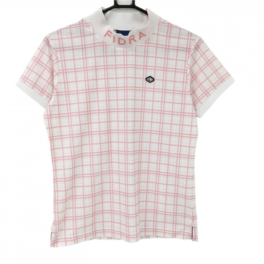 【超美品】フィドラ 半袖ハイネックシャツ 白×ピンク 格子柄 ネックロゴ 胸元ワッペン レディース L/G ゴルフウェア FIDRA