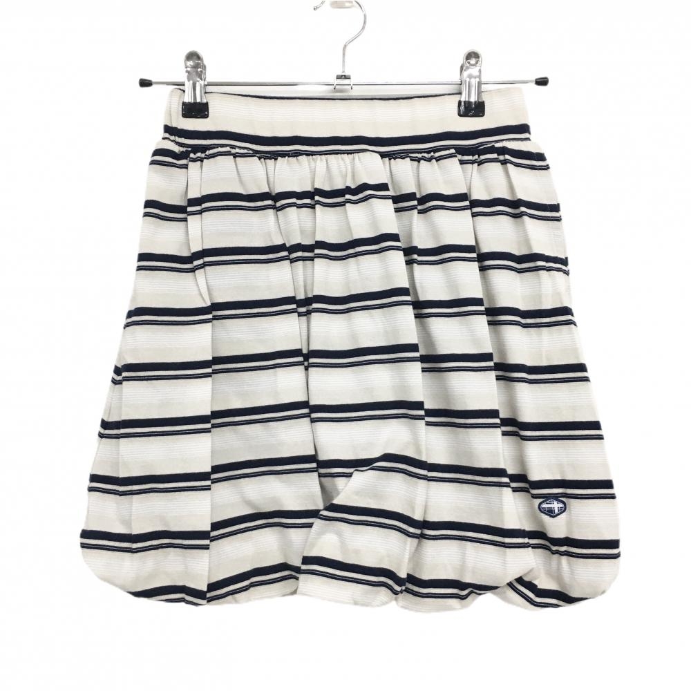 【美品】フィドラ スカート ライトベージュ×ネイビー ボーダー バルーン ウエストゴム レディース XS/TP ゴルフウェア FIDRA