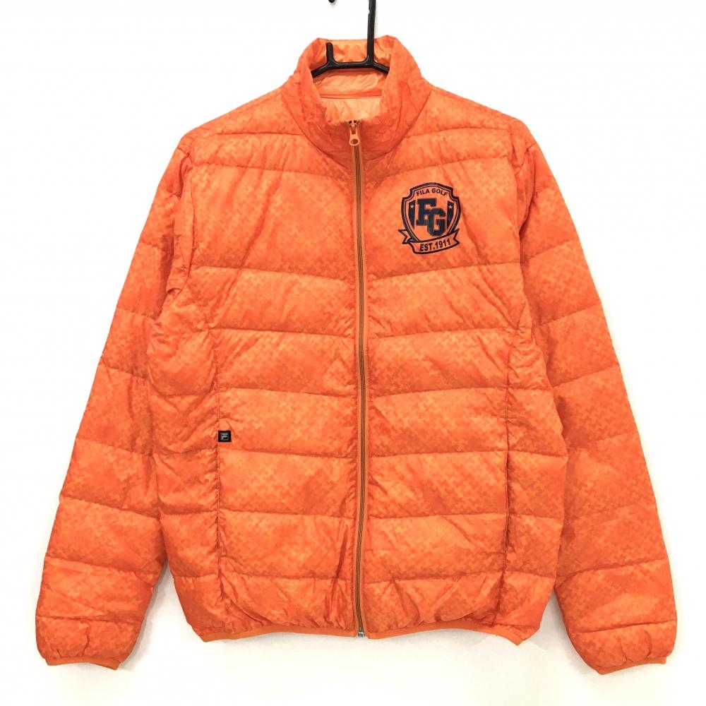 【美品】フィラゴルフ ダウンジャケット オレンジ 総柄 ロゴネイビー レディース M ゴルフウェア FILA GOLF