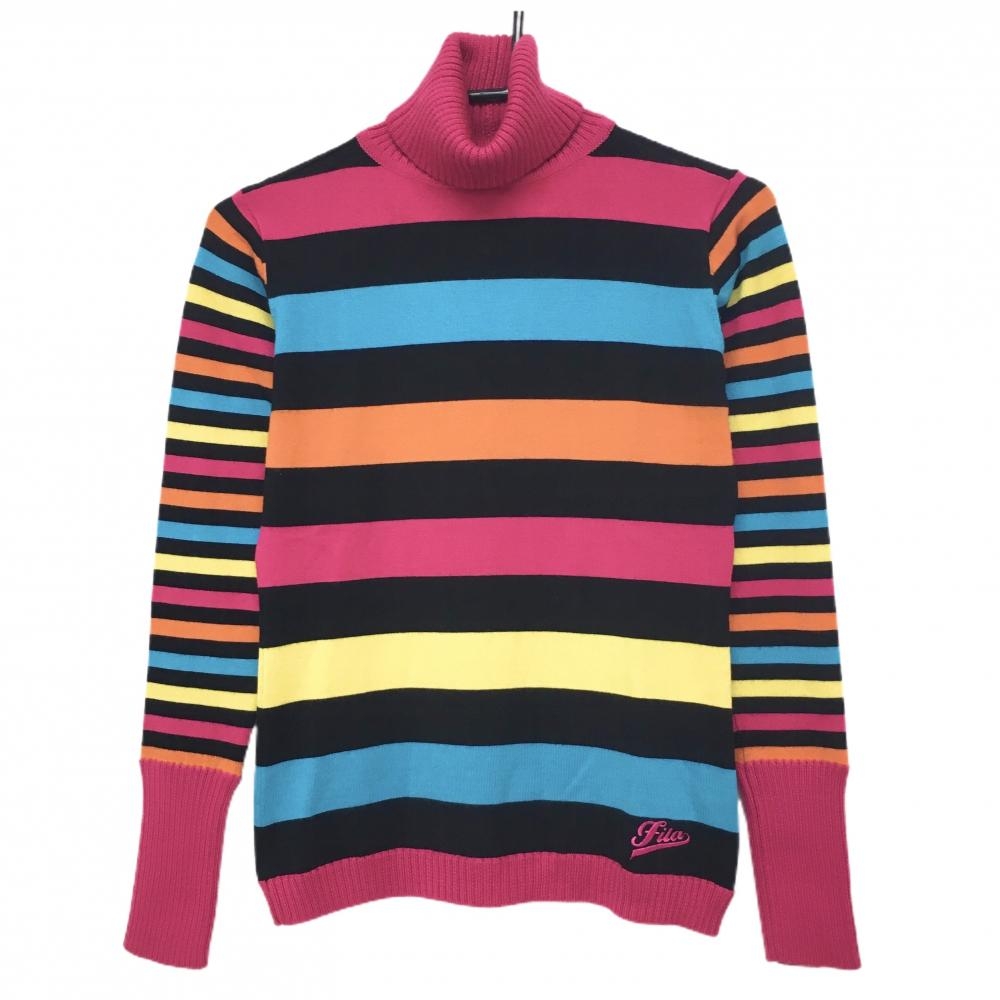 【超美品】フィラゴルフ タートルネックセーター ピンク×マルチカラー ボーダー ウール混 ニット レディース M ゴルフウェア FILA GOLF