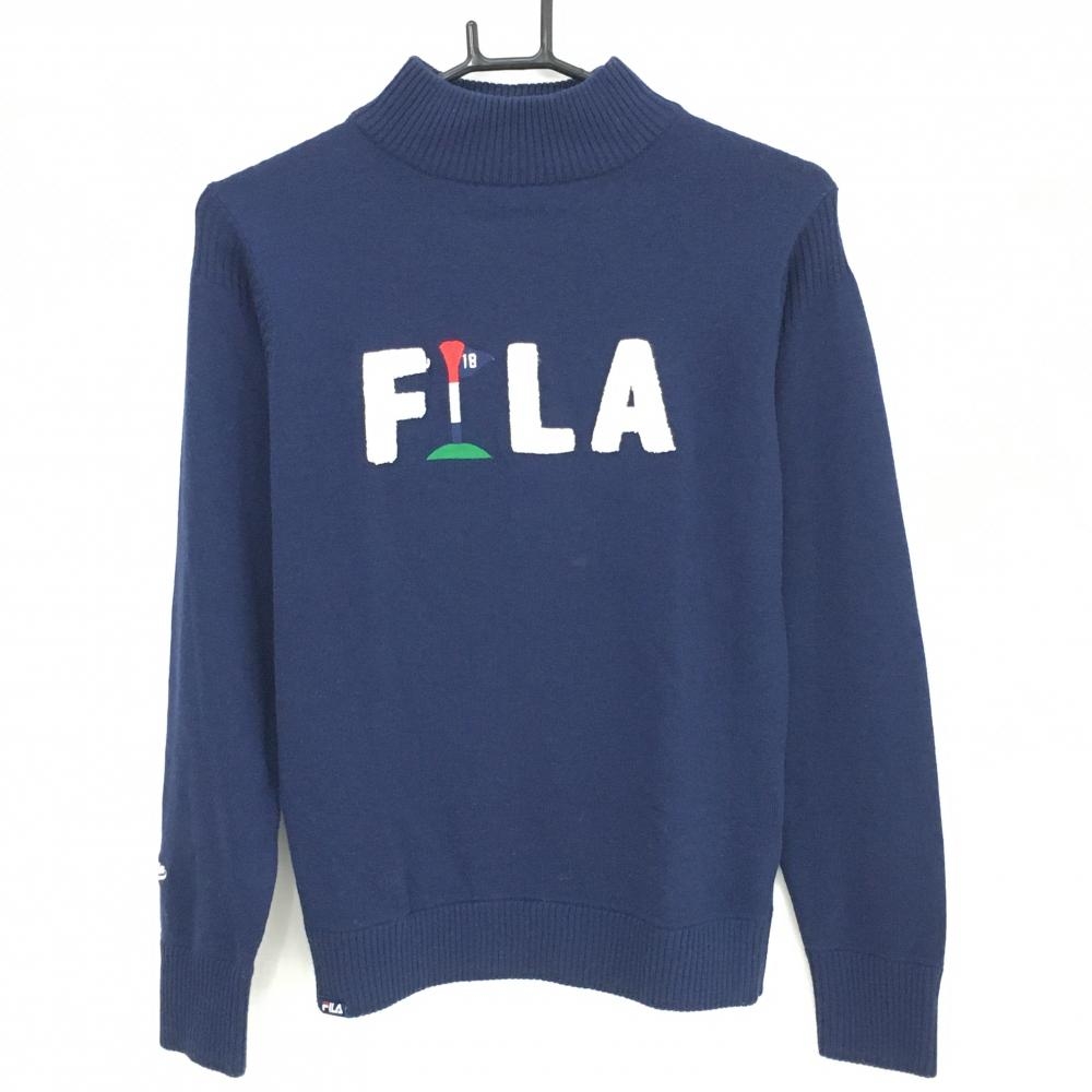 フィラゴルフ ハイネックセーター ネイビー×白 パイル地ロゴ ピン ウール混 ニット レディース L ゴルフウェア FILA GOLF