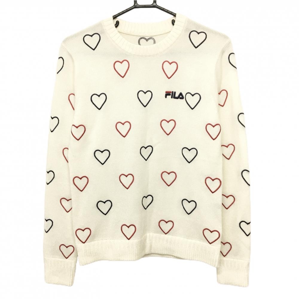 【超美品】フィラゴルフ セーター 白×ネイビー×レッド ハート総柄 立体ロゴ ウール混 ニット レディース L ゴルフウェア FILA GOLF