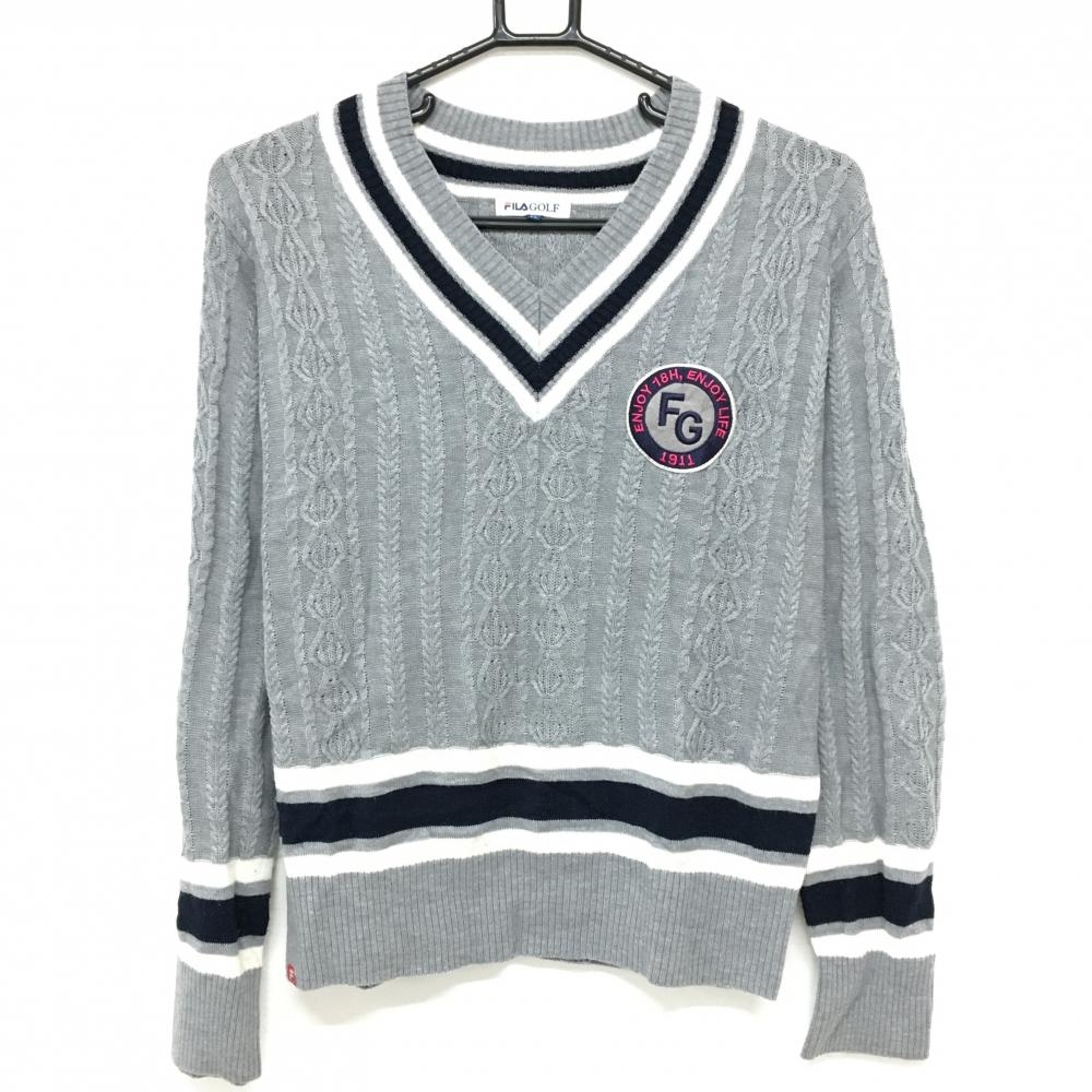 【美品】フィラゴルフ セーター グレー×ネイビー Vネック ワッペン ニット レディース LL ゴルフウェア FILA GOLF