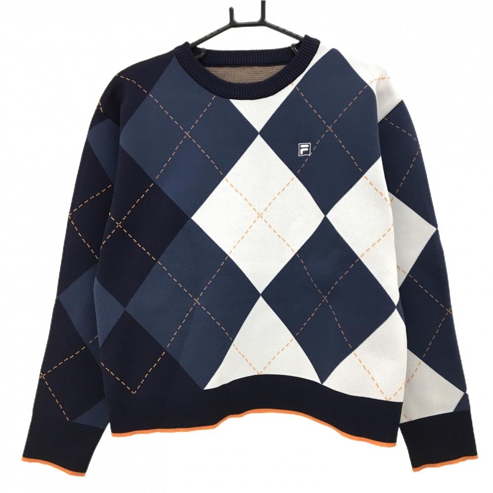 【美品】フィラゴルフ セーター ネイビー×白 アーガイル柄 ロゴ刺しゅう ニット  レディース L ゴルフウェア FILA GOLF