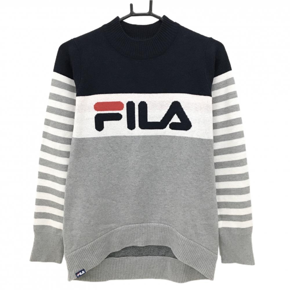 【超美品】フィラゴルフ セーター グレー×ネイビー×白 袖ボーダー アンゴラ混 ニット レディース M ゴルフウェア FILA GOLF