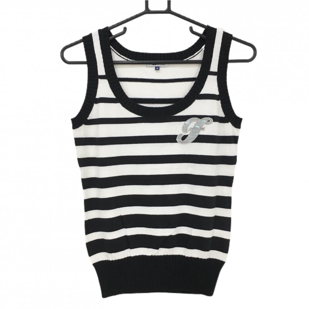 【超美品】フィラゴルフ ニットベスト 白×黒 ボーダー ラメ糸 スパンコール レディース M ゴルフウェア FILA GOLF