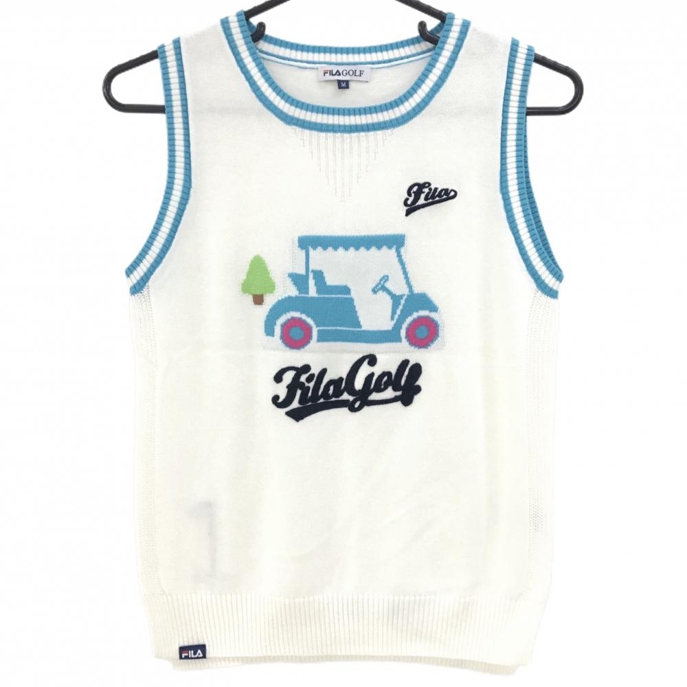 【超美品】フィラゴルフ ニットベスト 白×ライトブルー ゴルフカート柄 サイド透かし編み レディース M ゴルフウェア FILA GOLF