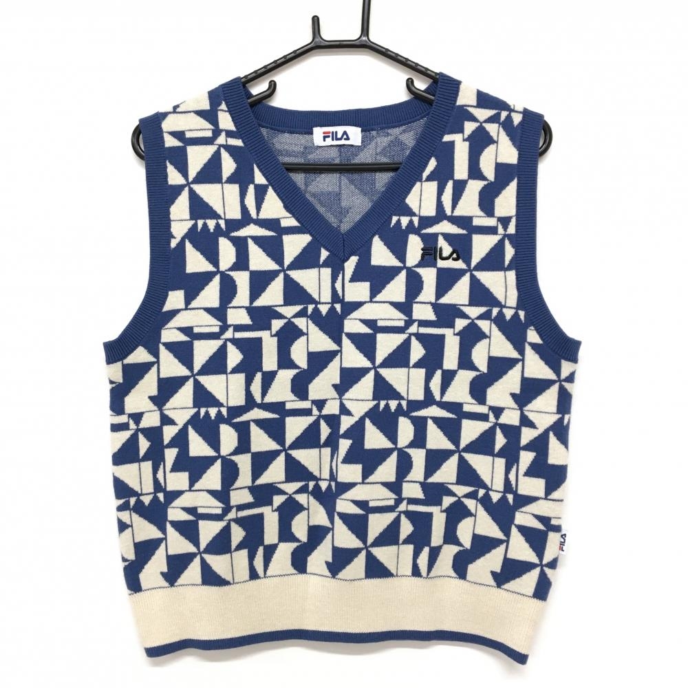 【超美品】フィラ ニットベスト ブルー×ライトベージュ 総柄 Vネック レディース M ゴルフウェア FILA GOLF