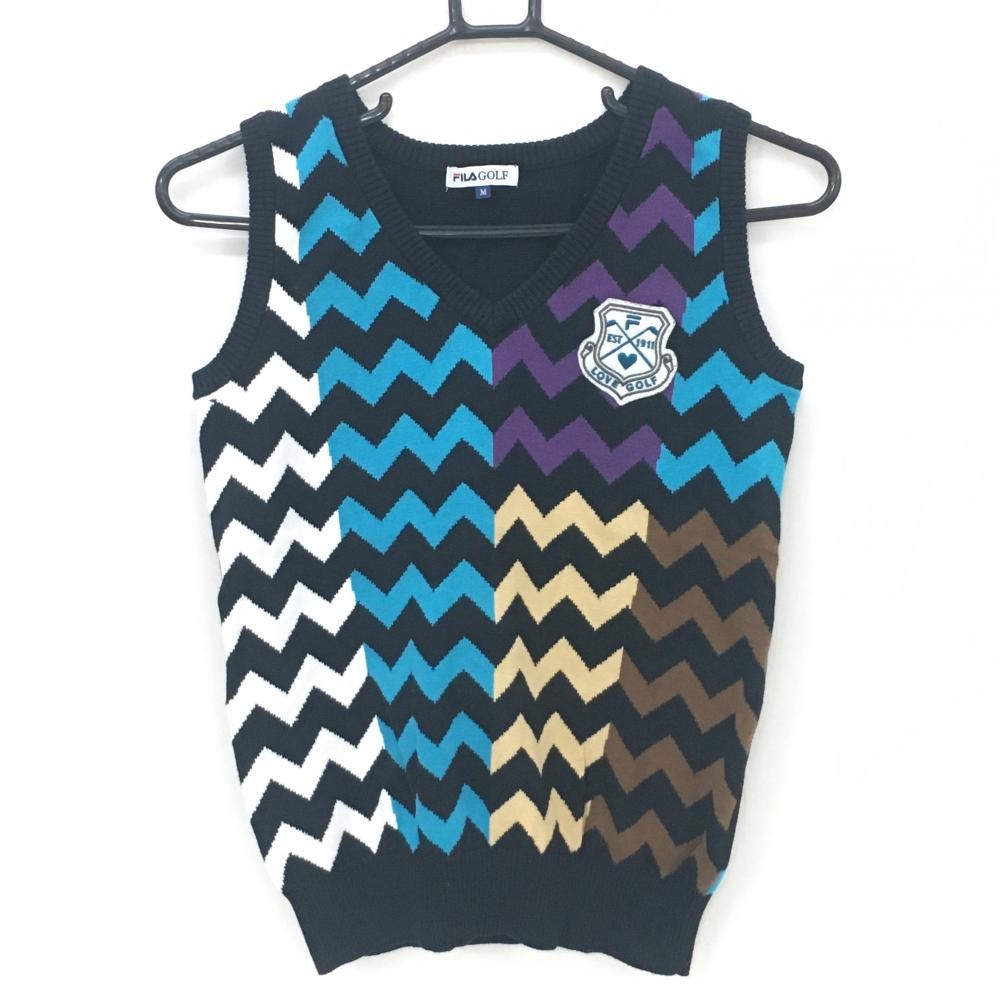 【美品】フィラゴルフ ニットベスト 黒×パープル×ブルー Vネック ギザギザ柄  レディース M ゴルフウェア FILA GOLF