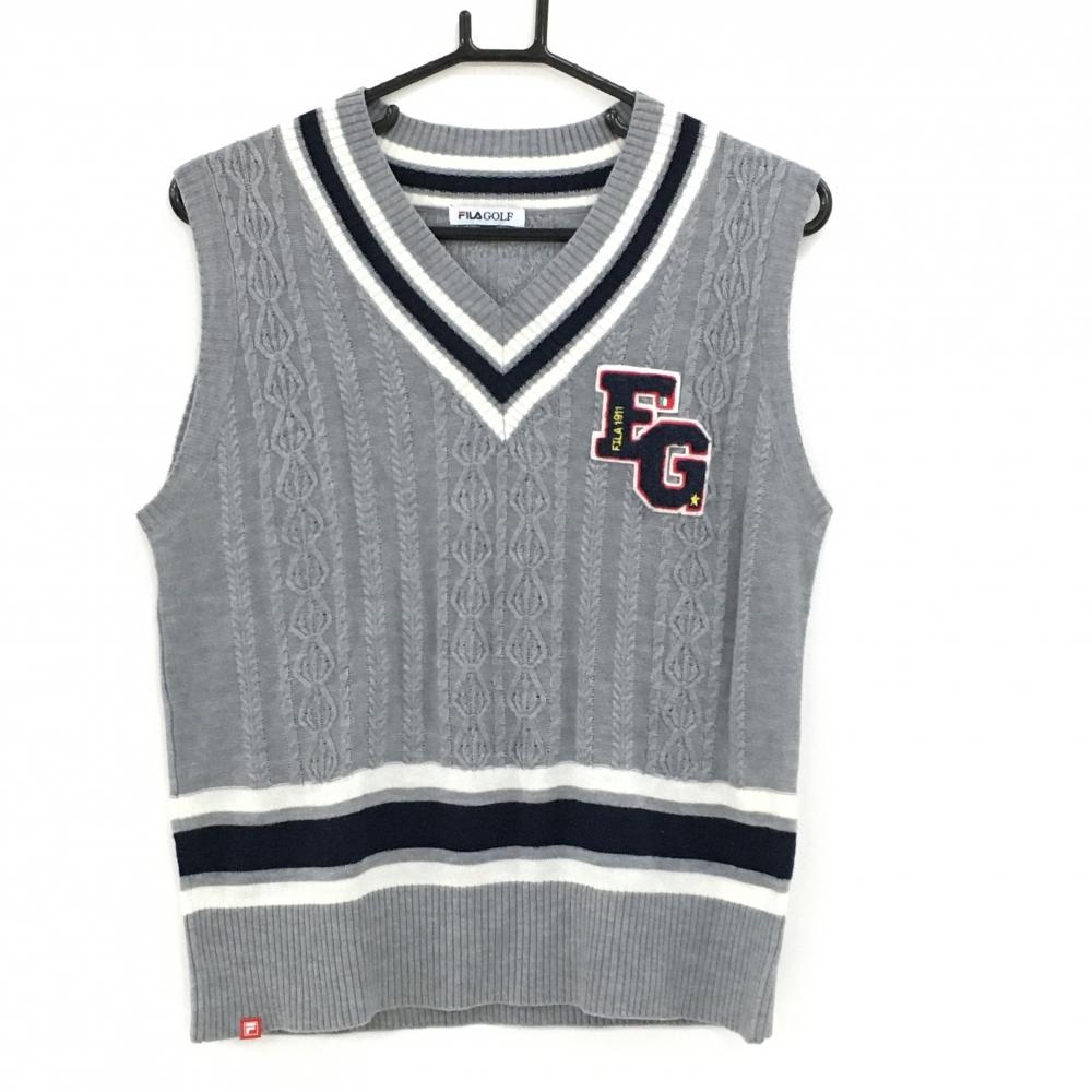 【美品】フィラゴルフ ニットベスト グレー×白 ケーブル編み ロゴワッペン レディース LL ゴルフウェア FILA GOLF