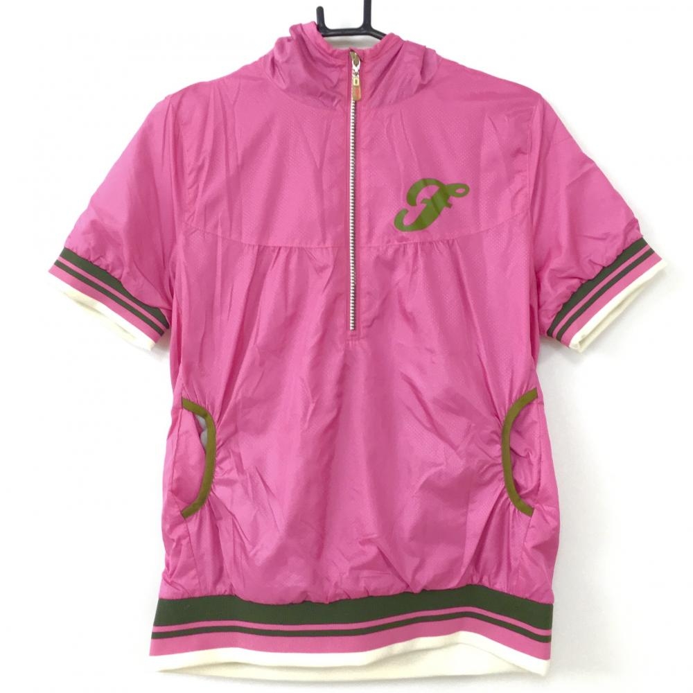 FILA GOLF フィラゴルフ 半袖ブルゾン ピンク×ブラウン ハーフジップ フード付き 蓄熱裏地  レディース L ゴルフウェア