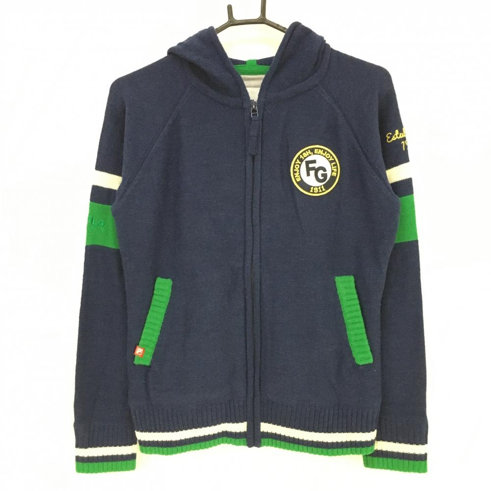 【超美品】フィラゴルフ ニットパーカー ネイビー×グリーン ウール混 袖・裾ライン 星ワッペン レディース L ゴルフウェア FILA GOLF