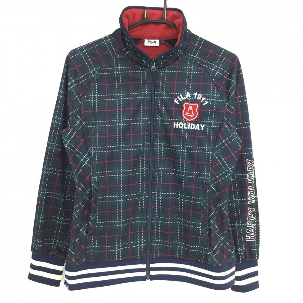 【美品】フィラゴルフ ジャケットブルゾン グリーン×ネイビー チェック 裏起毛  レディース LL ゴルフウェア FILA GOLF