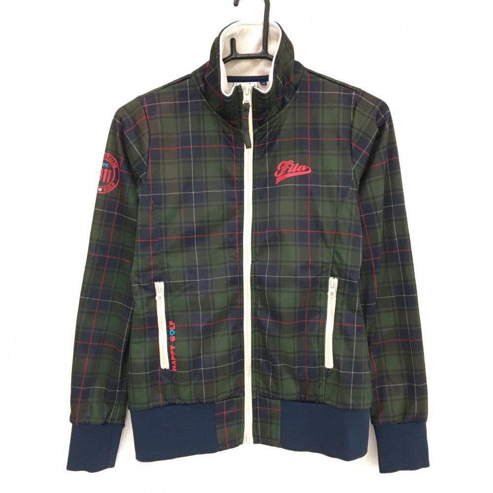 フィラゴルフ ジャケットブルゾン グリーン×ネイビー チェック ロゴプリント 裏起毛  レディース M ゴルフウェア FILA GOLF