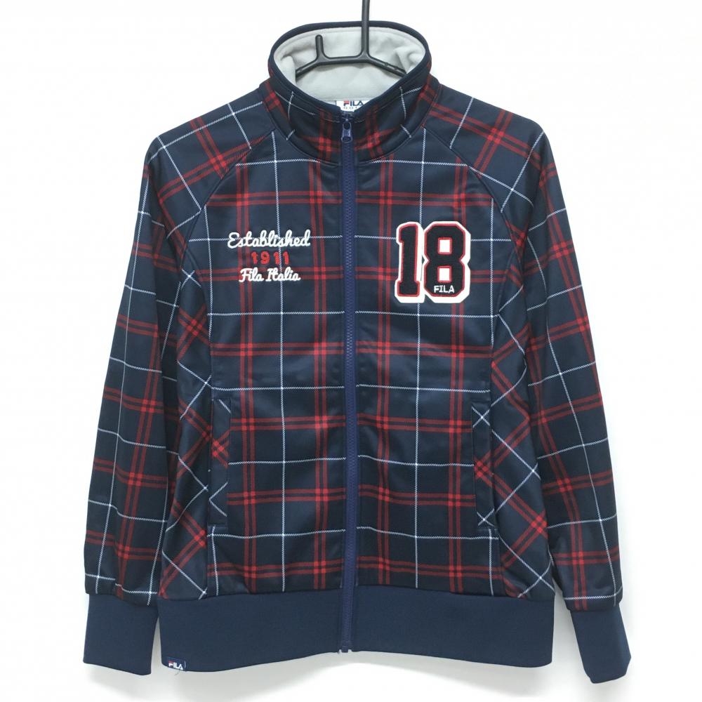 【美品】フィラゴルフ ジャケットブルゾン ネイビー×レッド×白 チェック 裏起毛 レディース M ゴルフウェア FILA GOLF