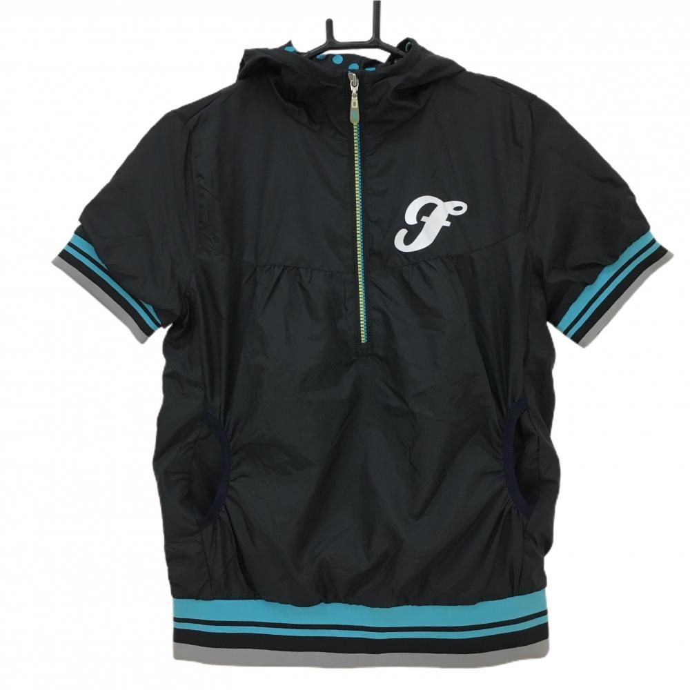 フィラゴルフ フード付き半袖ジャケット 黒×ライトブルー ピンドット 蓄熱裏地 レディース M ゴルフウェア FILA GOLF