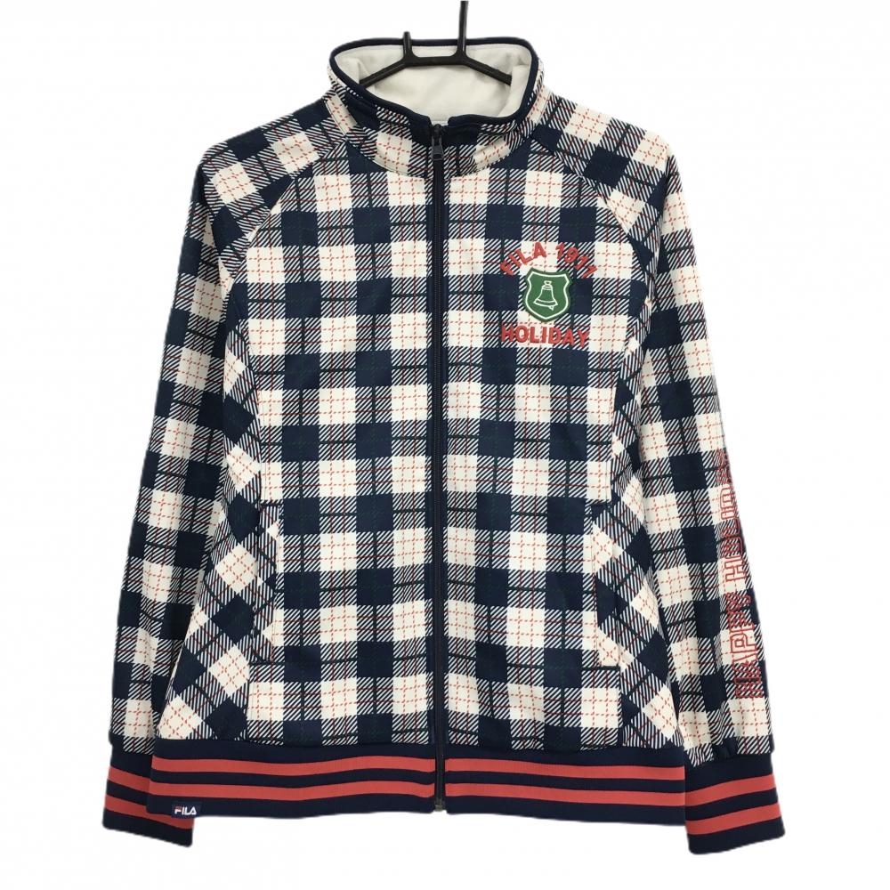 【超美品】フィラゴルフ ブルゾン ネイビー×白 チェック 裏起毛 ジャケット レディース LL ゴルフウェア FILA GOLF