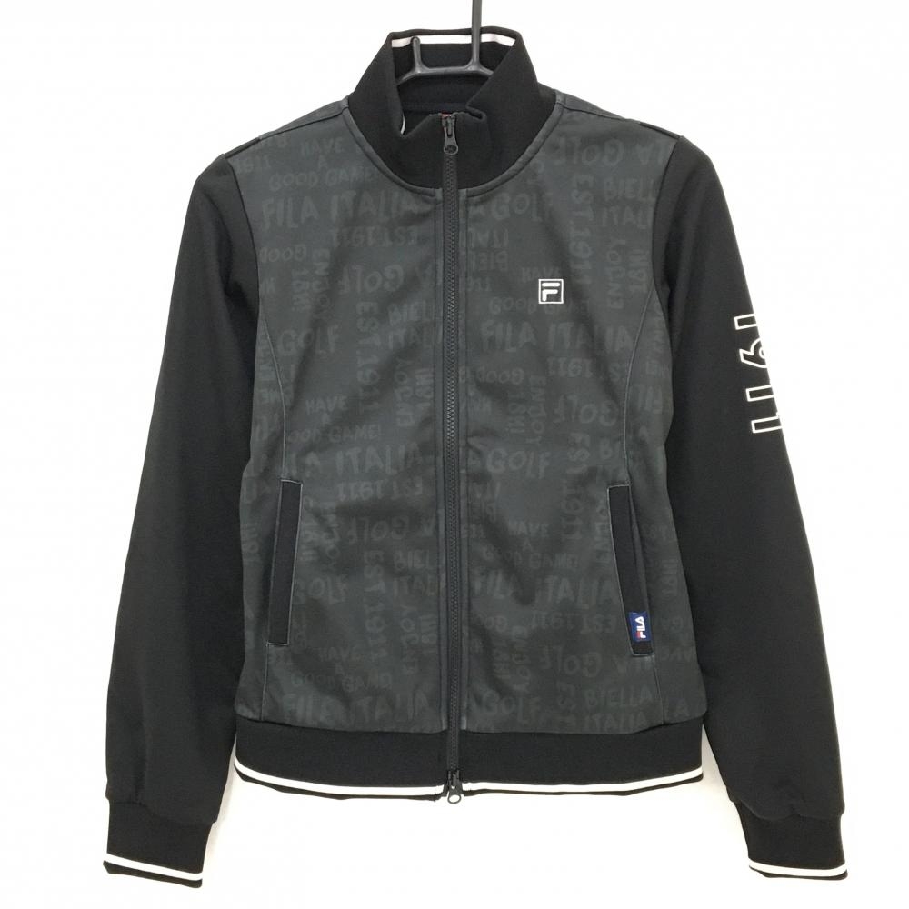 【美品】フィラゴルフ ジャケットブルゾン 黒 身頃英字総柄 ロゴ白 裏微起毛 レディース M ゴルフウェア FILA GOLF