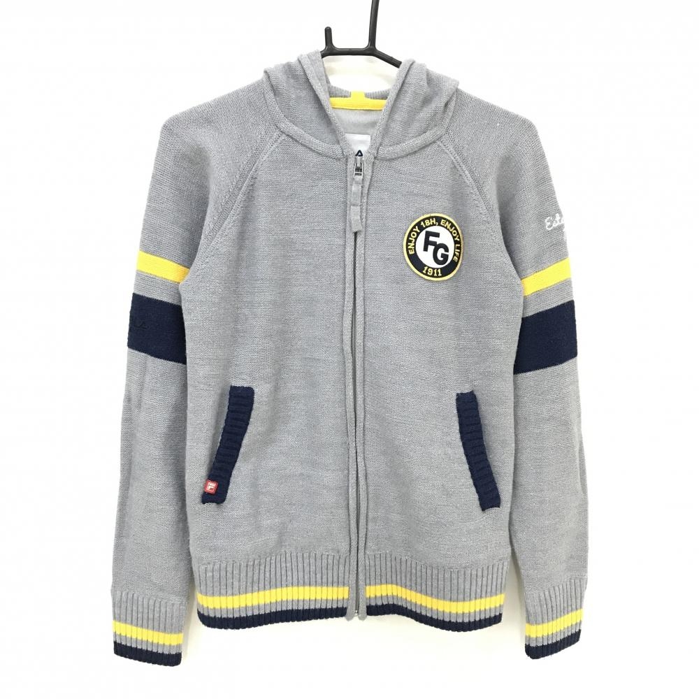 フィラゴルフ ニットジップパーカー グレー×ネイビー ワッペン ウール混 裏地付 レディース L ゴルフウェア FILA GOLF