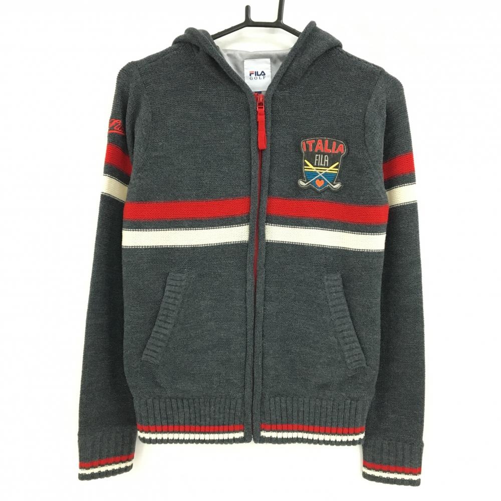 【超美品】フィラゴルフ ニットジップパーカー グレー×レッド フロント・袖ライン ウール混 レディース M ゴルフウェア FILA GOLF