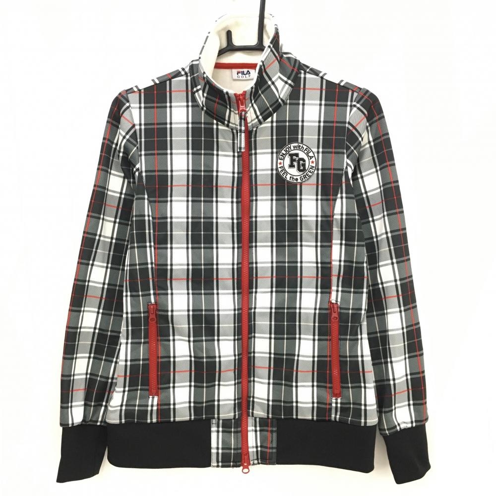 【美品】フィラゴルフ ジャケット 白×黒 チェック柄 裏微起毛 ロゴワッペン レディース L ゴルフウェア FILA GOLF