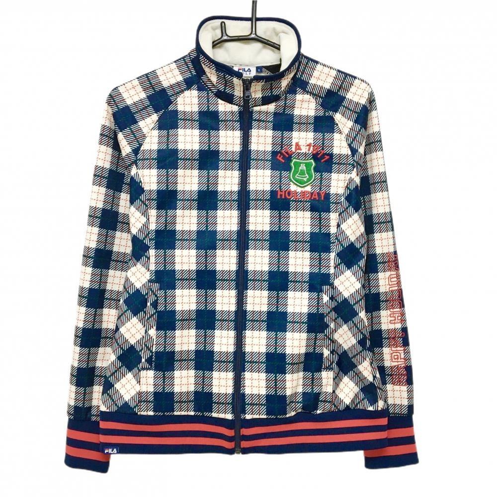 【美品】フィラゴルフ ジャケットブルゾン 白×ネイビー チェック柄 ロゴ刺しゅう 裏起毛 レディース L ゴルフウェア FILA GOLF