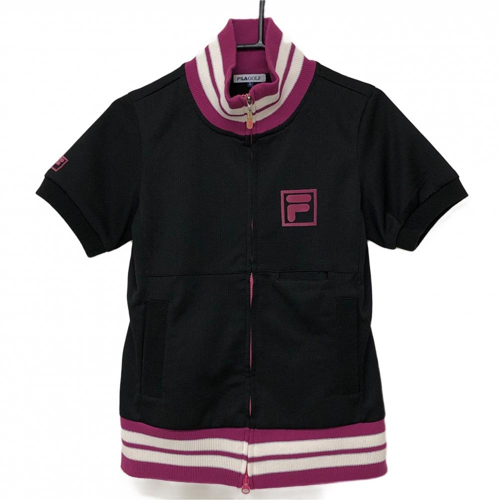 【美品】フィラゴルフ 半袖ジャケット 黒×ピンク バックロゴ ポケット内側起毛  レディース L ゴルフウェア FILA GOLF