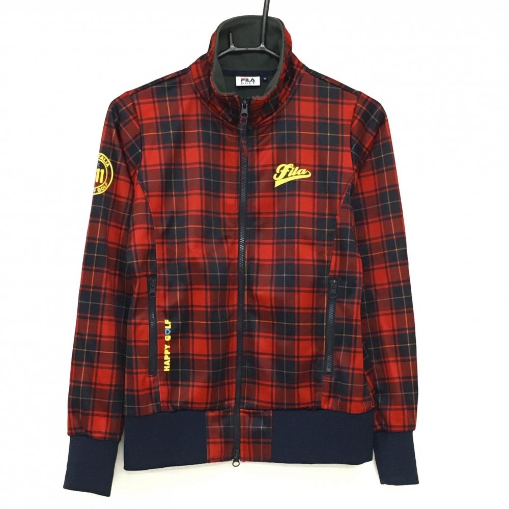 【超美品】フィラゴルフ ジャケット レッド×ネイビー チェック柄 ロゴプリント 裏起毛  レディース M ゴルフウェア FILA GOLF