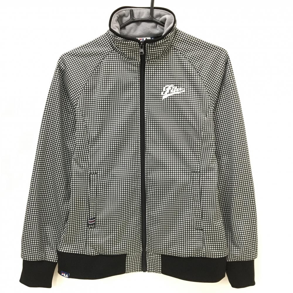 【美品】フィラゴルフ ジャケット 黒×白 千鳥柄 裏起毛 ロゴ刺しゅう  レディース M ゴルフウェア FILA GOLF