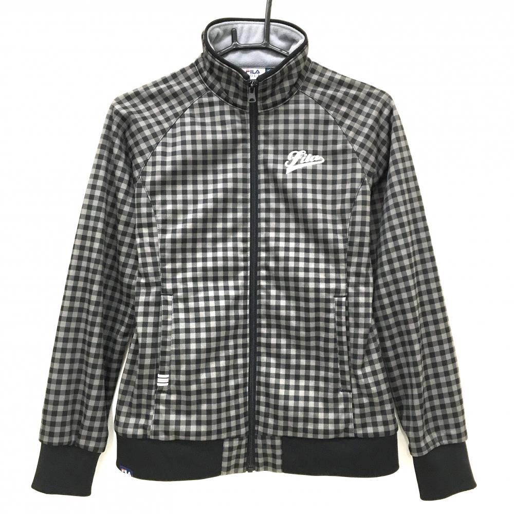 【美品】フィラゴルフ ジャケット グレージュ×黒 チェック柄 裏起毛 ロゴ刺しゅう レディース M ゴルフウェア FILA GOLF